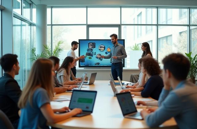 Students collaborating in a modern learning environment with educational technology.